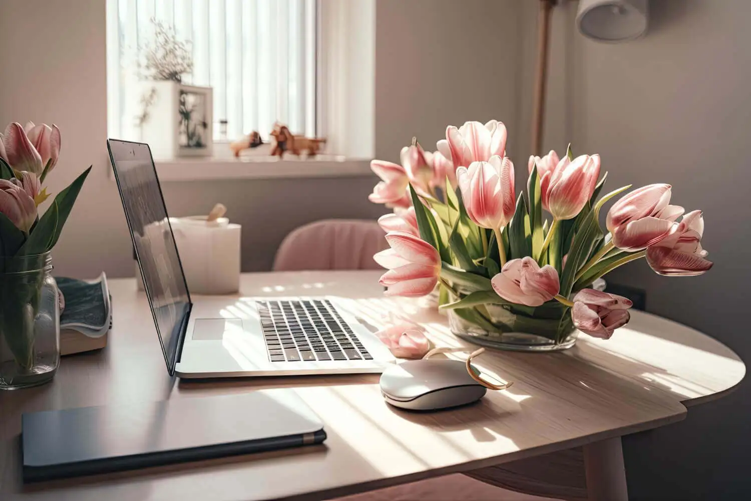 Work from home laptop office with a pink background